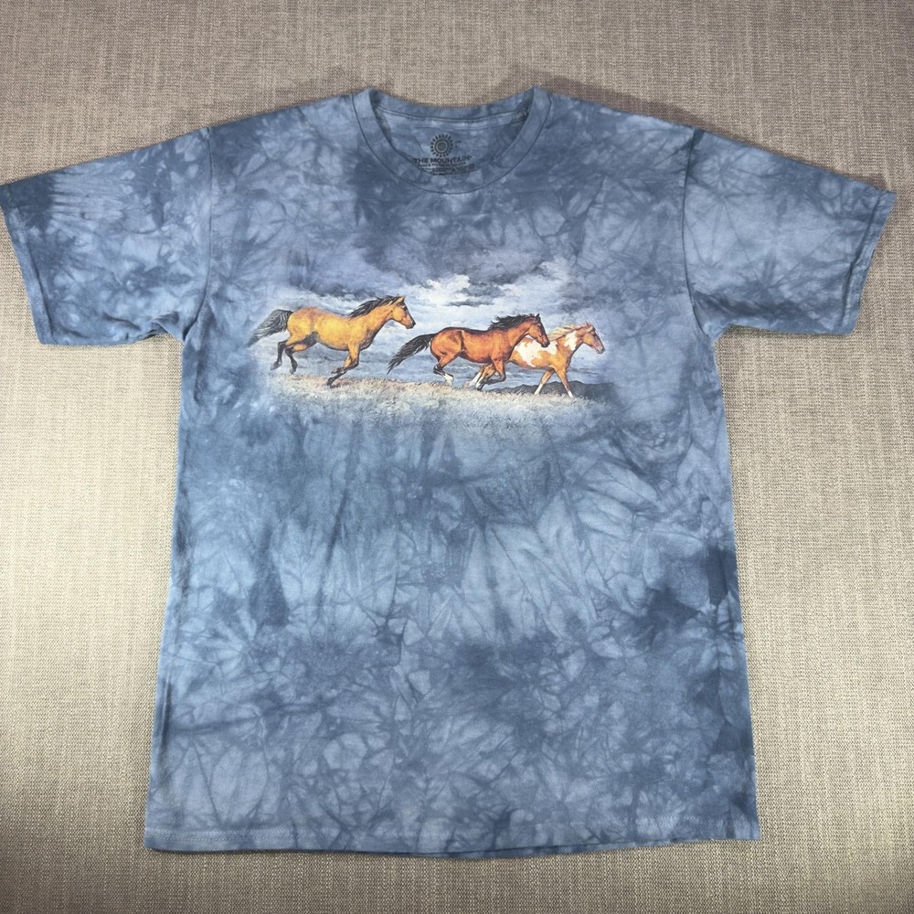 The Mountain Shirt Mens Large Blue Running Wild Horses Tie Dye Graphic Tee